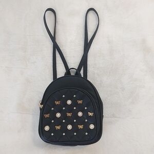 Women's Black Mini Backpack with Pearl & Butterfly Accents Y2K